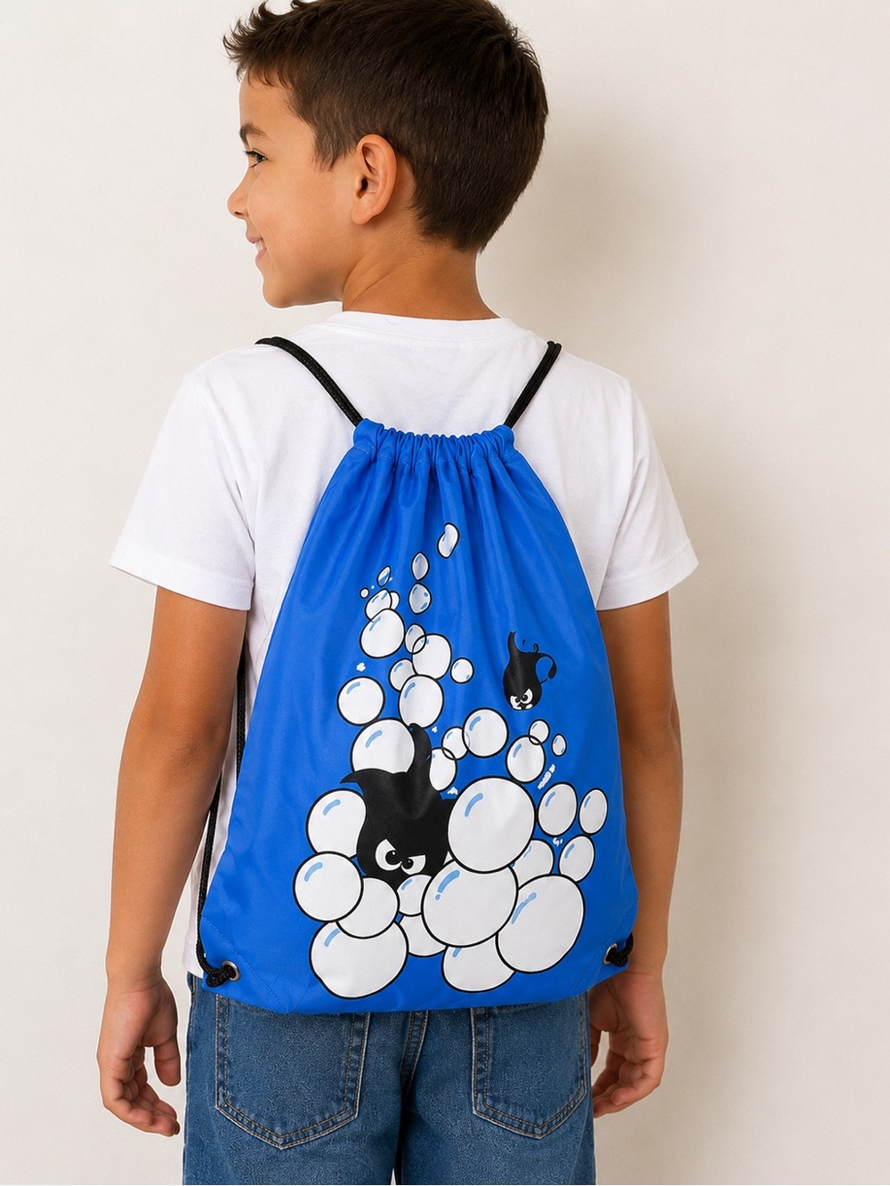 Kids Swim Backpack Drawstring Pool Bag Blue Bubble Print
